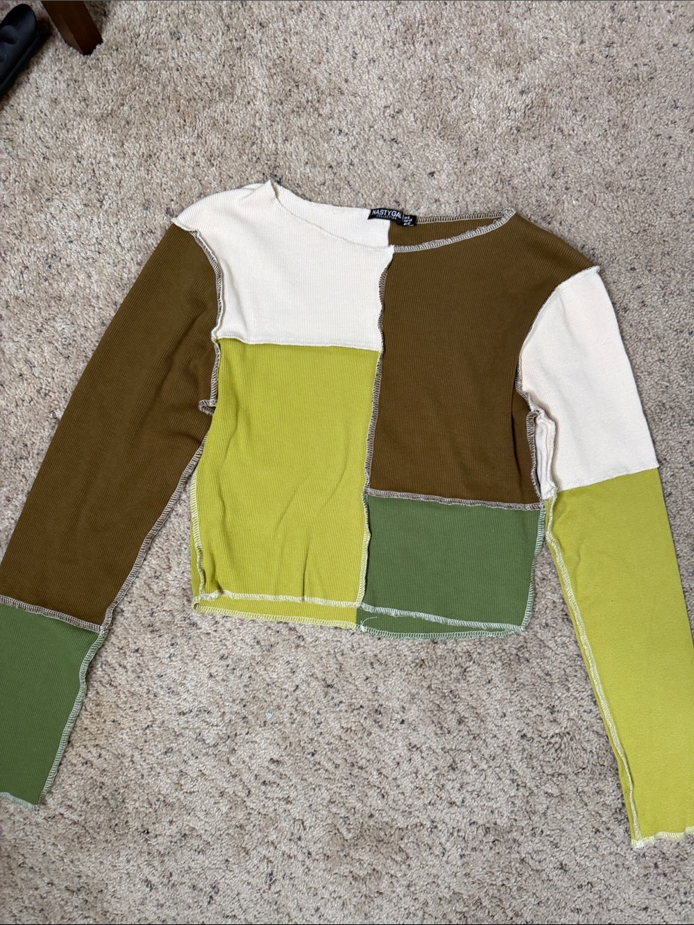 Nasty Gal Olive, Light Green & Cream Patchwork Long Sleeve Tee S
